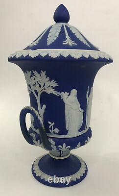 Antique Wedgwood Dark Blue Jasperware Campana Urn, Covered Urn, Two Handled, Bolted