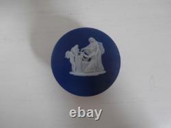 Antique Wedgwood Dark Blue Jasperware Neoclassical Round Rouge Pot Trinket Pot