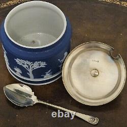Antique Wedgwood Dark Blue Jasperware Sugar Bowl Jam Jar With Lid And Spoon
