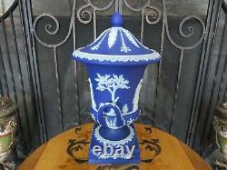 Antique Wedgwood Dark Blue Jasperware Tall Campana Lidded Pedestal Urn Vase