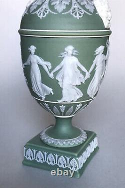 Antique Wedgwood Dipped Green Jasperware Dancing Hours Vase & Cover