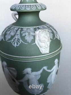 Antique Wedgwood Dipped Green Jasperware Dancing Hours Vase & Cover