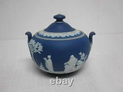 Antique Wedgwood England Dark Blue Jasperware Covered Sugar Bowl