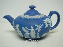 Antique Wedgwood England Dark Blue Jasperware Covered Teapot 4 1/4 High