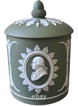 Antique Wedgwood Green Jasperware Tobacco Jar Humidor Founding Fathers 8H