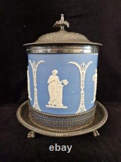 Antique Wedgwood Jasper Ware / Silver Footed Biscuit Barrel Classical Figures