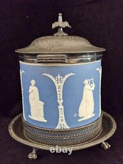 Antique Wedgwood Jasper Ware / Silver Footed Biscuit Barrel Classical Figures