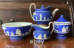 Antique Wedgwood Jasperware 1830's Tea Set Lady Templetown Teapot Rare Form Blue