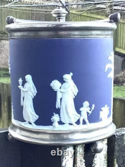 Antique Wedgwood Jasperware Biscuit Barrel-in Relief-EPNS Lid, Handle & Finial