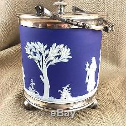 Antique Wedgwood Jasperware Cookie Jar Caddie Biscuit Barrel Blue Storage Pot