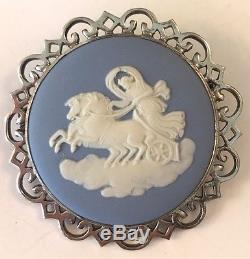 Antique Wedgwood Jasperware Large Brooch Pin 1 Sterling Silver 1955 Blue