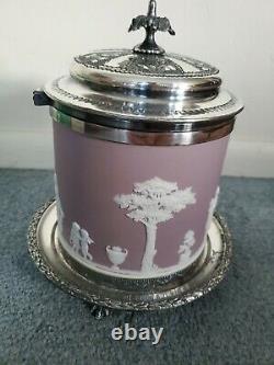 Antique Wedgwood Jasperware Lilac Biscuit Jar with Ornate Silver Top & Base RARE