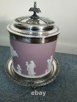 Antique Wedgwood Jasperware Lilac Biscuit Jar with Ornate Silver Top & Base RARE