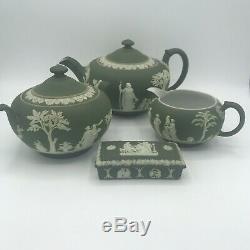 Antique Wedgwood Jasperware Teapot Creamer Sugar Bowl Trinket Dish Sea Green