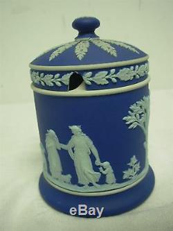 Antique Wedgwood Made In England Dark Blue Jasperware 5 Covered Jelly Jam Jar