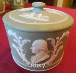 Antique Wedgwood Sage Jasperware Washington And Franklin Lidded Jar