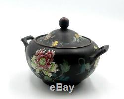 Antique basalt jasperware Chinese flower enamel sugar pot Wedgwood