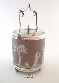 Antique c1900 Wedgwood Lilac Jasper Ware Biscuit Barrel Silver Plated Mounts