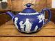 Antique Circa 1800 Wedgwood White On Dark Blue Jasperware Neoclassical Teapot