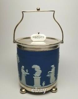 Antique pre 1891 WEDGWOOD (only) Cobalt Blue Dip Jasperware Biscuit Jar Mounted