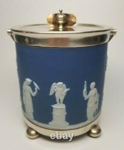 Antique pre 1891 WEDGWOOD (only) Cobalt Blue Dip Jasperware Biscuit Jar Mounted