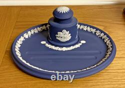 Beautiful Rare Vintage Wedgwood Portland Blue Jasperware Ink Well And Pen Tray