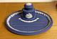 Beautiful Rare Vintage Wedgwood Portland Blue Jasperware Ink Well And Pen Tray
