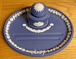 Beautiful Rare Vintage Wedgwood Portland Blue Jasperware Ink Well And Pen Tray
