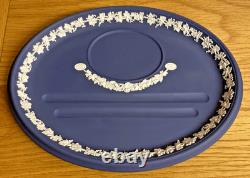 Beautiful Rare Vintage Wedgwood Portland Blue Jasperware Ink Well And Pen Tray