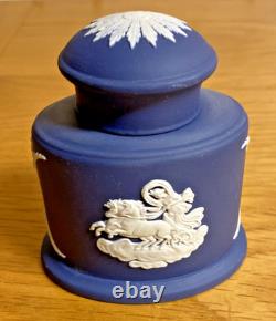 Beautiful Rare Vintage Wedgwood Portland Blue Jasperware Ink Well And Pen Tray