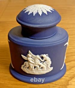 Beautiful Rare Vintage Wedgwood Portland Blue Jasperware Ink Well And Pen Tray