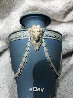 C. 1878 Wedgwood Jasperware Blue URN WithRAM'S HEAD SPORTIVE LOVE HOPE & ANCHOR