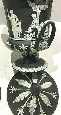 C. 1891 Wedgwood Black Jasperware Campana Lidded Urn Pair(2) Mint Pedigree