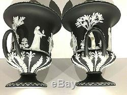 C. 1891 Wedgwood Black Jasperware Campana Lidded Urn Pair(2) Mint Pedigree