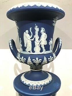 C. 1891 Wedgwood Jasperware Coblat Blue Drum Base Campana Vase #495 Mint