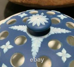 C. 1900 Wedgwood Dark Blue Jasperware Potpourri Lidded Bowl England Excellent