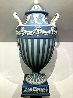 C. 1910 Wedgwood Jasperware Blue Engine Turned Lidded Vase 10 Rare Nice
