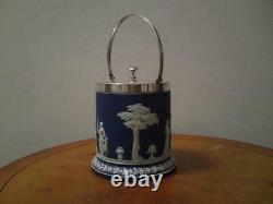 Edwardian Jasperware Blue Wedgwood Biscuit Barrel with rare airtight lid