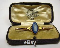 Exquisite Marked Antique 9 Ct. Wedgwood Blue Jasperware Pin In Original Box