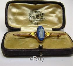 Exquisite Marked Antique 9 Ct. Wedgwood Blue Jasperware Pin In Original Box