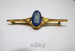 Exquisite Marked Antique 9 Ct. Wedgwood Blue Jasperware Pin In Original Box