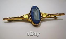 Exquisite Marked Antique 9 Ct. Wedgwood Blue Jasperware Pin In Original Box