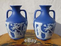 Exquisite Matching Pair Wedgwood Dark Blue Jasper Ware 7 Portland Vases, c. 1840
