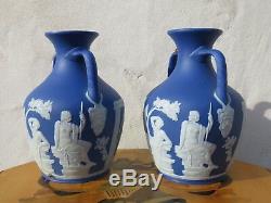 Exquisite Matching Pair Wedgwood Dark Blue Jasperware 7 Portland Vases (c. 1840)