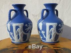Exquisite Matching Pair Wedgwood Dark Blue Jasperware 7 Portland Vases (c. 1840)
