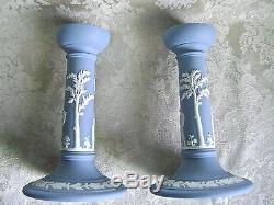 Exquisite Pair Of Wedgwood White On Blue Jasperware 6 3/4 Candlesticks