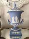 Fabulous Vintage Wedgwood Blue Jasper Ware Urn Vase W Loop Handles Cover Lid
