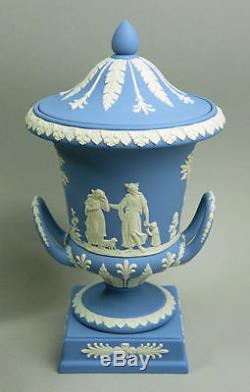 Fine Wedgwood Blue Jasper Ware Campana Form Vase & Cover C. 1971