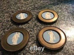 Gorgeous Early Set Of 4 Wedgwood Antique Jasper Ware Framed In Brass Medallions