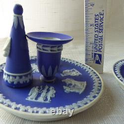 Gorgeous Pair Wedgwood Jasperware Dark Blue Dip Candle Holders England W Snuffer